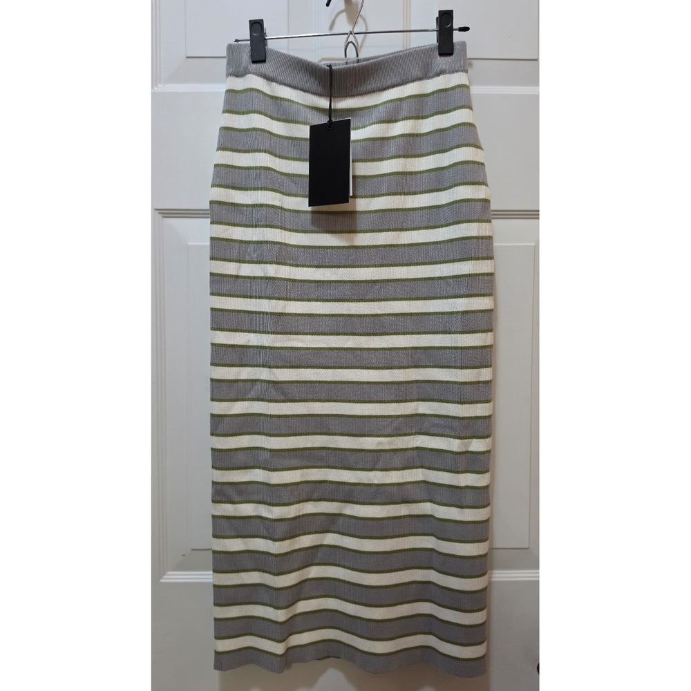 En Saison NWT Striped Ribbed Knit Pencil Midi Skirt Gray Green Cream Size M